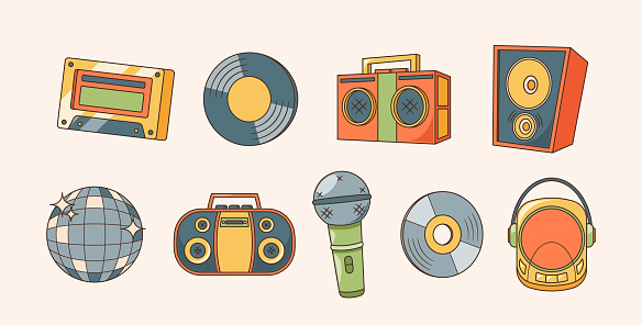 Retro Audio Technique Set. Vintage-inspired Tape, Vinyl Disk, Recorder and Dynamics, Disco Ball, Microphone and Player. Sound Engineering and Analog Classic Equipment. Cartoon Vector Illustration