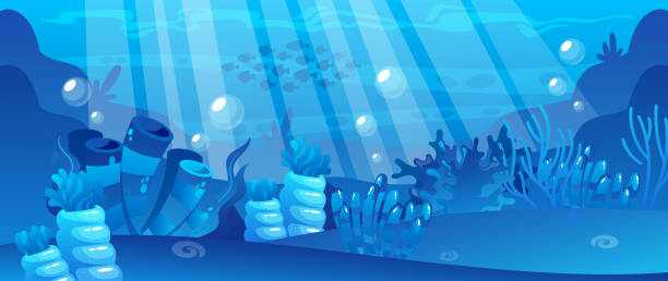 Underwater World Background Featuring Coral Reefs, Playful Sea Creatures, And Clear Blue Waters. An Enchanting Setting Underwater World Background Featuring Coral Reefs, Playful Sea Creatures, And Clear Blue Waters. An Enchanting Setting For Aquatic Adventures And Exploration In Games. Cartoon Vector Illustration underwater exploration stock illustrations