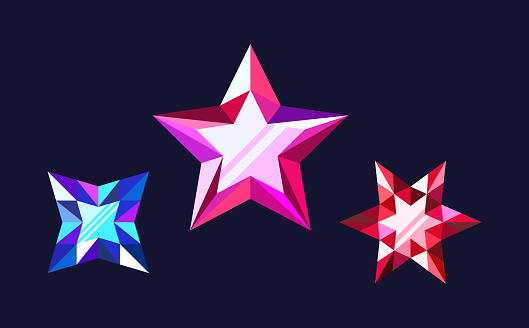 Cartoon Star-shaped Gemstone Crystals. Dazzling Game Assets With Vibrant Red, Pink and Blue Hues, Exquisite Facets, And Radiant Sparkle. Enhancing Mystical Magical Game Artifacts. Vector Illustration