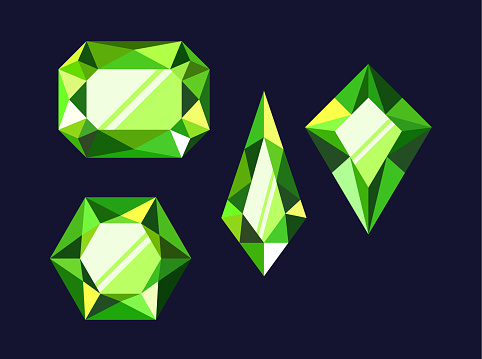 Cartoon Green Gemstones Game Assets. Lustrous, Vibrant Jewels With Rich Hues, For Enhancing In-game Aesthetics. Exquisite And Varied Designs For Immersive Visual Experiences In Gaming Environments