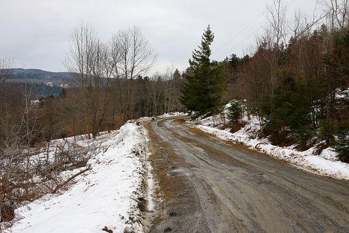 A dirt road surrounded by snow covered trees in southern Vermont USA.