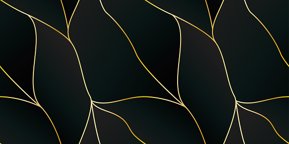 Seamless pattern, elegant abstract background with thin gold lines on a black gradient. Classic surface design with wavy golden curves on dark. Vector repeat texture.