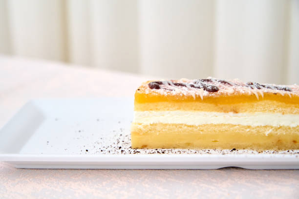 Blueberry cheesecake on white plate on the table. Selective focus