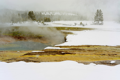 Geothermal pool in winter Yellowstone National Park steaming