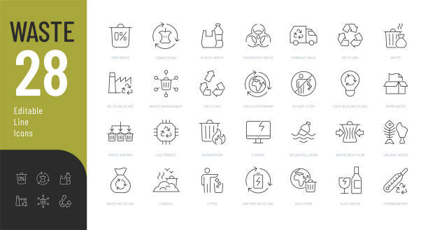 Waste Line Editable Icons set. Vector illustration in modern thin line style of pollution related icons: waste recycling, waste sorting and types of waste. Isolated on white hazardous waste symbol stock illustrations