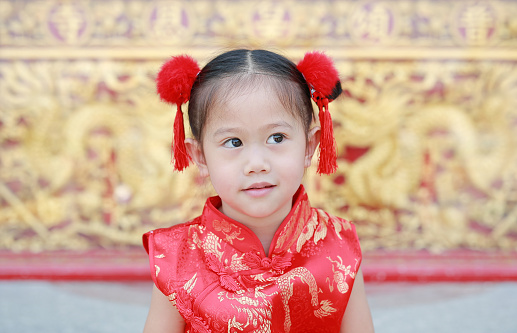 Happy little Asian girl in Cheongsam respecting on traditional Chinese new year festival on Chinese background.