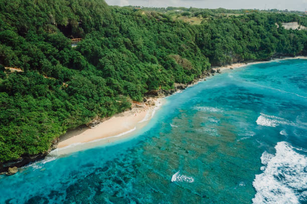 istock Paradise beach with turquoise ocean and waves in Bali. Aerial view 1902093385