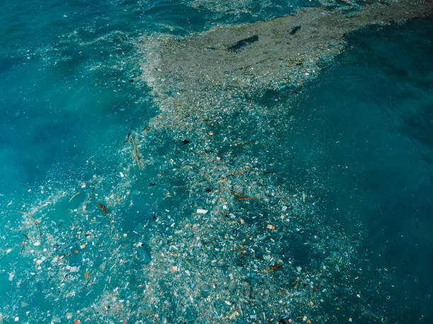 Indian ocean and plastic trash, aerial view. Pollution by plastic rubbish in Bali