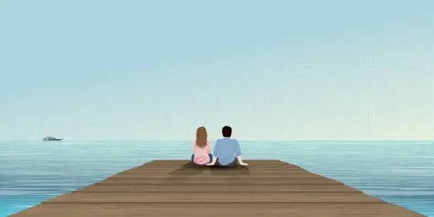 Vector illustration of Couple of lover sitting on the pier have tropical blue sea and blue sky background vector illustration. Honeymoon concept illustrate poster have blank space.