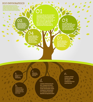 Beautiful bio infographics with tree and underground area. Ecology, biology concept. Environment and sustainable development. Vector image. Ideal as a brochure, leaflet, presentation design template