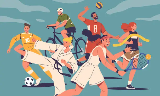 Vector illustration of Athletes Of Summer Sports. Male and Female Characters Soccer or Basketball Player, Runner, Karate, Tennis and Bicyclist