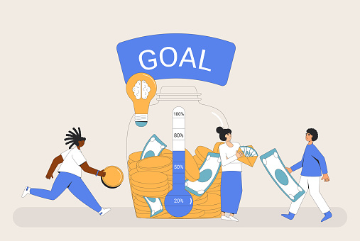 Fundraising concept. Startup idea. People with goal thermometer and moneybox. Donation event. Venture capital investments round. Crowdfunding metaphor. Vector flat illustration.