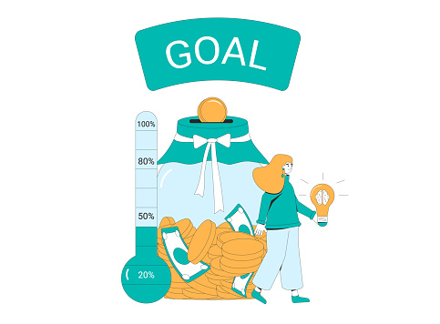 Save money for education. Fundraising concept. Startup goal. Woman with thermometer and moneybox. Donation event. Venture capital investments. Crowdfunding metaphor. Vector flat illustration.