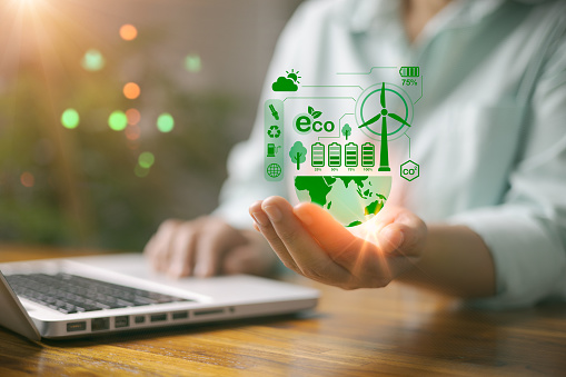 Carbon dioxide emission in industry net zero carbon concept. woman hand with net zero icon. Sustainable energy with co2 affects global warming. Carbon neutrality goal Greenhouse gas emissions 2050