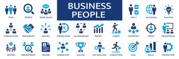 bildbanksillustrationer, clip art samt tecknat material och ikoner med business people icon set. businessman, meeting, work group, success, resume icons collection. - anställning