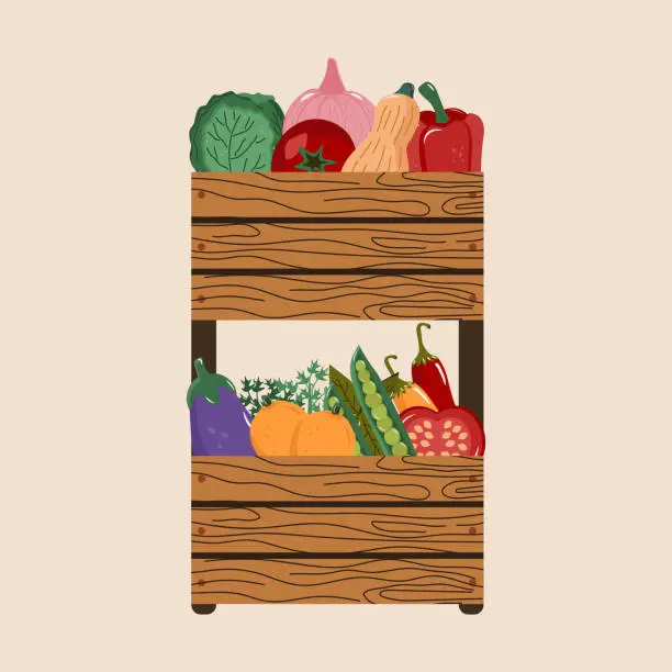 Vector illustration of Illustration of wooden fruit bowl full of fruits, vegetables, organic food, healthy life.