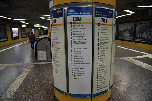 Frankfurt (Main) Süd ubahn station. The image shows the platform in the Süd underground station.