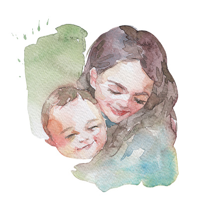 mother and child smiling portrait watercolor art