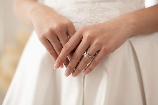 Close up of elegant wedding ring on the bride's finger, Love and marriage concept