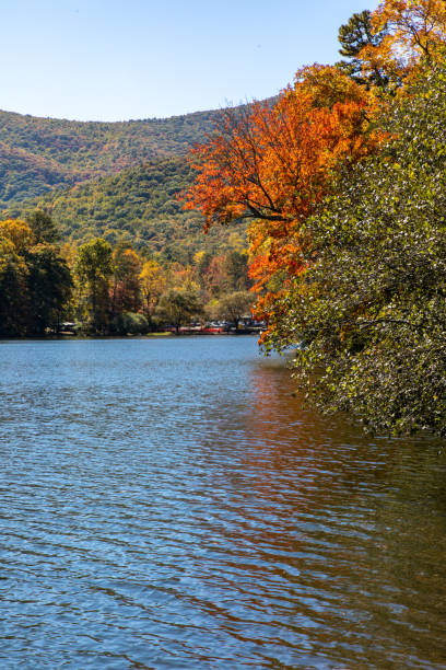 Colorful foliage borders Lake Trahlyta at Georgia's Vogel State Park.