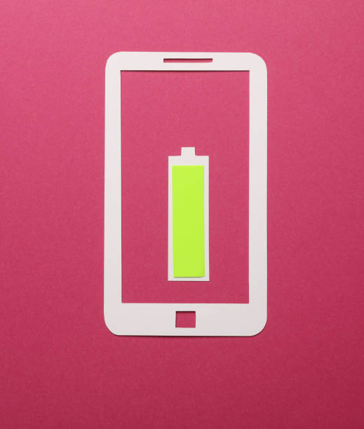 Paper-cut smartphone icon with fully charged battery on a pink background
