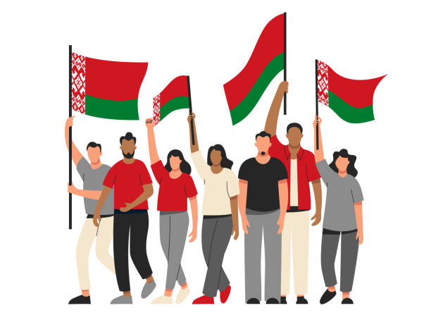 istock People with flags of Belarus at the rally. Belarusians are protesting. Elections, voting, freedom and rights. Vector illustration 1902256538
