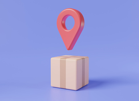 Parcel box with location point marker. Cardboard box, Fast delivery, Order parcel tracking, Online order tracking, Pin point, Navigation point. Express shipping concept. 3d minimal render illustration