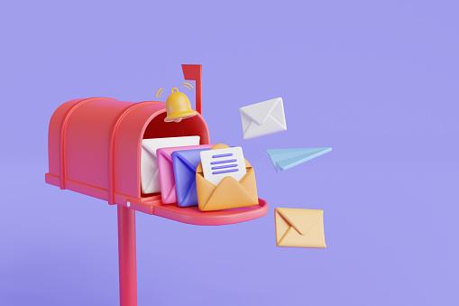 Red mailbox with mail envelope and notification. Mail delivery, post office, Sent mail message, Incoming mail, Paper plane, message, Mail icon, Newsletter. Minimal cartoon. 3d rendering illustration