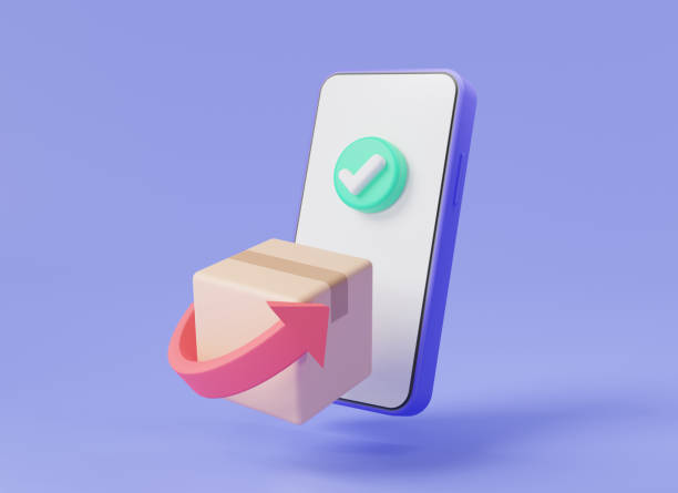 istock Parcel box with arrow on phone. Parcel is being returned to the sender, Return delivery, Courier service delivery, Return policy of broken goods, Exchange and Return Policy, 3d render illustration 1902264382
