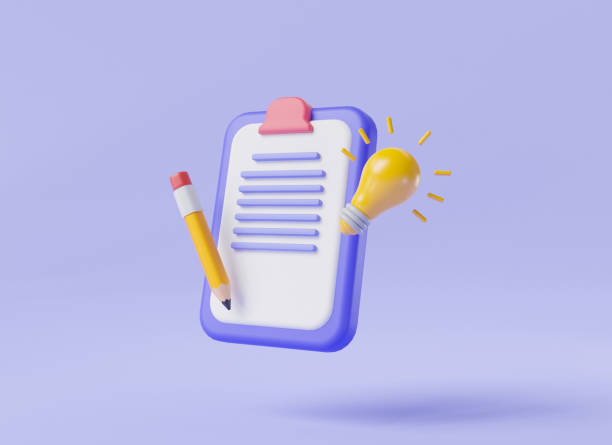 istock Clipboard with yellow light bulb pencil on purple background. Creative business idea research, idea checklist with pencil, Creative Idea Inspiration, idea and innovation.Business concept. 3d render 1902264384