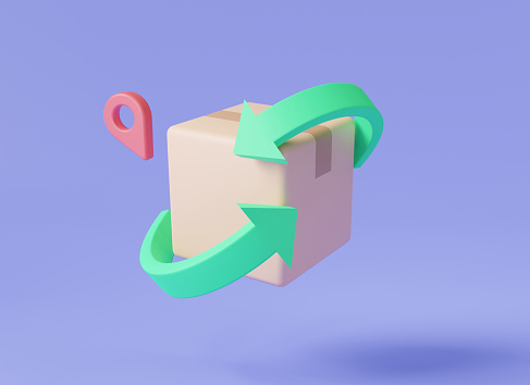 3d render illustration of Parcel box with arrow and mark location. Parcel is being returned to the sender, Return delivery, Courier service delivery, Return of broken goods, Exchange and Return Policy