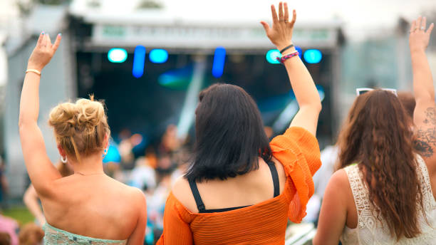 夏の音楽祭で踊る3人の女友達の裏姿 - music festival outdoors popular music concert spectator ストックフォトと画像