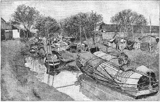 Houseboats under the roof in Southeast Asia, old vintage illustration, 1894