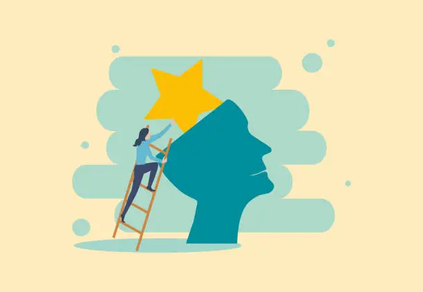 Vector illustration of Brand recognition, Marketing idea to launch ads and advertising, Commercial trademark or brand loyalty, Holding star climb up ladder, Put into consumer brain.