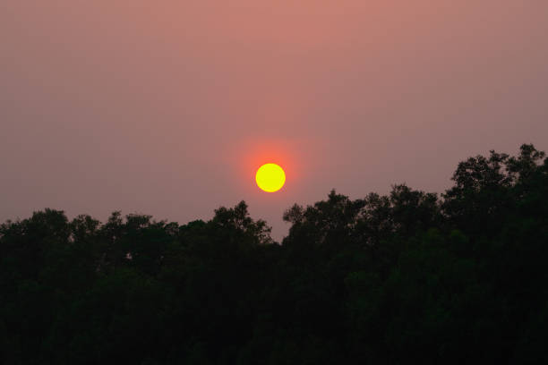 dusky view of the setting sun at sunset in the evening