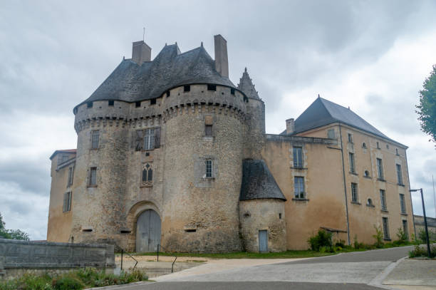 Close-up of public town hall of Ambronay, Blains Castle 16th century. This photo was taken outdoor in the small village of Ambronay near Bugey mountains, in Ain departement, Auvergne-Rhone-Alpes region in France, in Europe, shot during a sunny autumn day.