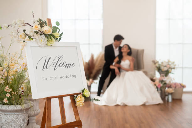 istock Welcome to wedding sign with bride and groom in background 1902301534