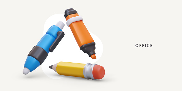 Collection with different materials for writing and drawing. Stationery for office work. 3d realistic pencil, blue pen and orange marker. Vector illustration with place for text