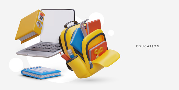 Different elements for study. 3d realistic laptop, backpack with books and pencils. Kit for education concept. Colorful vector illustration with place for text