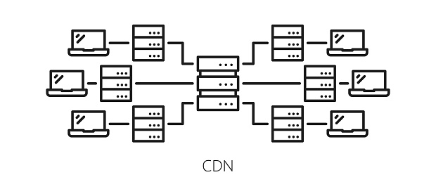 CDN. Content delivery network icon. Website storage and backup server, web database administration and media publishing system, CDN outline vector symbol with server and computers network