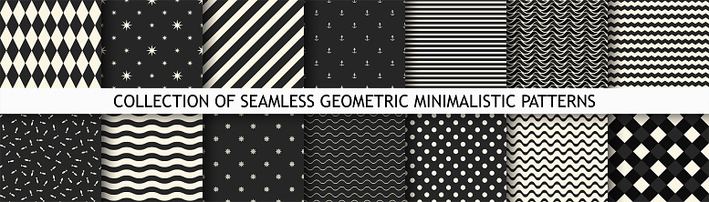 Collection of vector black and white seamless patterns. Simple geometric textures - repeatable backgrounds. Monochrome unusual design, minimalistic textile prints.