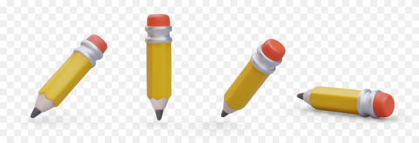 stockillustraties, clipart, cartoons en iconen met yellow sharpened pencil with red eraser. vector object in different positions - grafiet