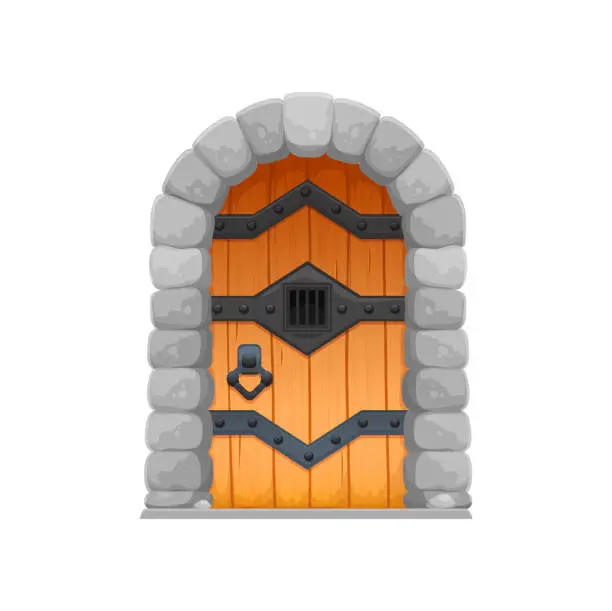 Vector illustration of Cartoon medieval castle gate, wooden door