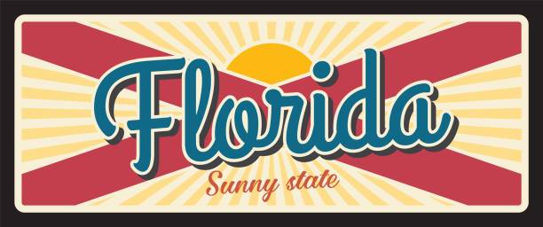 Sunny Florida state vintage travel plate Florida state metal vintage travel plate. USA old, sign, signboard retro typography, inscription of Sunny Florida and sunrise or sunset. Tallahassee capital, Jacksonville city jacksonville symbol stock illustrations
