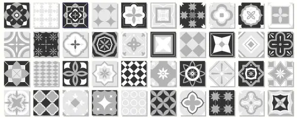 Vector illustration of Collection of monochrome seamless geometric mosaic patterns - vintage tile black, white and gray textures. Decorative ornamental abstract backgrounds. Vector repeatable tileable prints