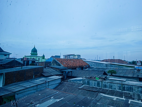 Aerial view of dense residential areas in a big city in the morning. selective focus