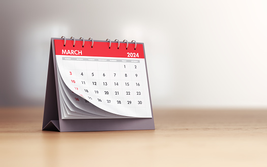 3d render March 2024 Realistic Desk Calendar, Can be used for reminder day, special day concept (Depth Of Field)