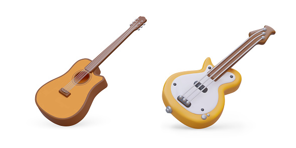 Classical acoustic and electric guitar. Color realistic image on white background. Isolated illustrations with shadows. Retro and modern musical instrument