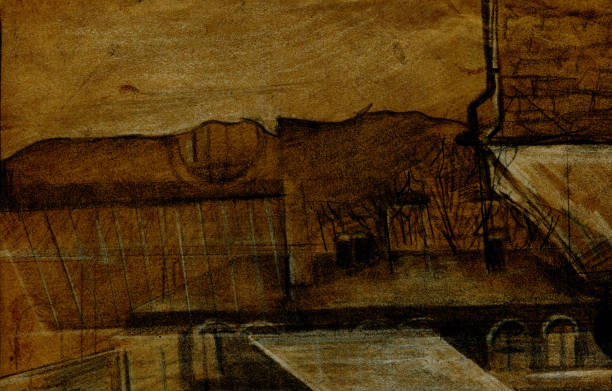 istock Mystical tangled anthill city. Post-apocalypse. Drawing illustration for background. Pencil, sanguine, tinted paper. 1902329042