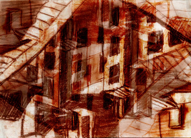 istock Mystical tangled anthill city. Post-apocalypse. Drawing illustration for background. Pencil, sanguine, tinted paper. 1902329521